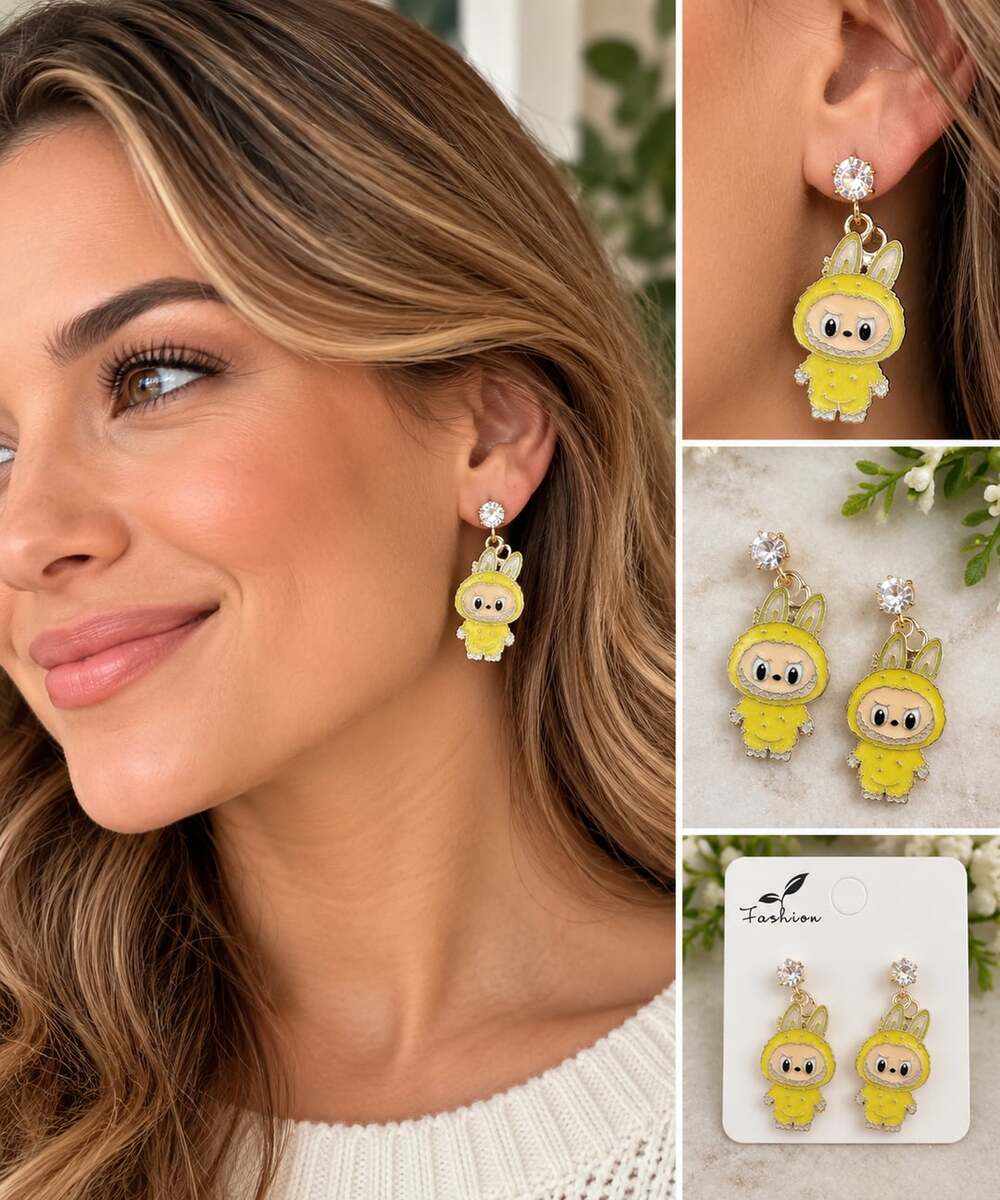 Labubu Monster Yellow Bunny Costume Dangle Earrings With Rhinestone